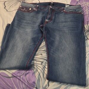 True Religion Dark Blue Jeans with Red Contrast Stitching
